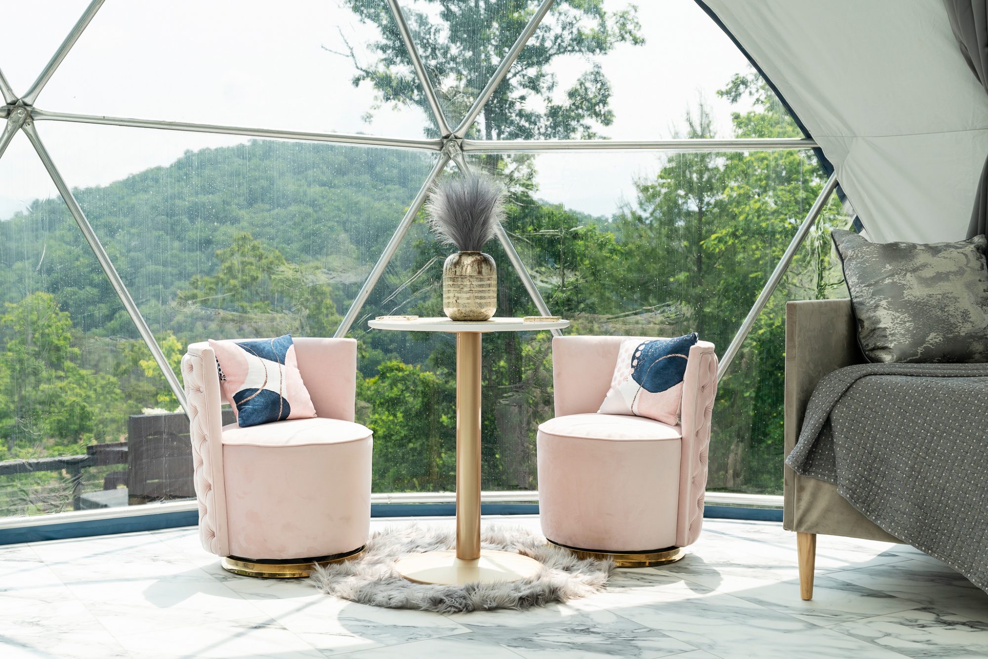 pink chairs with view of the smokies