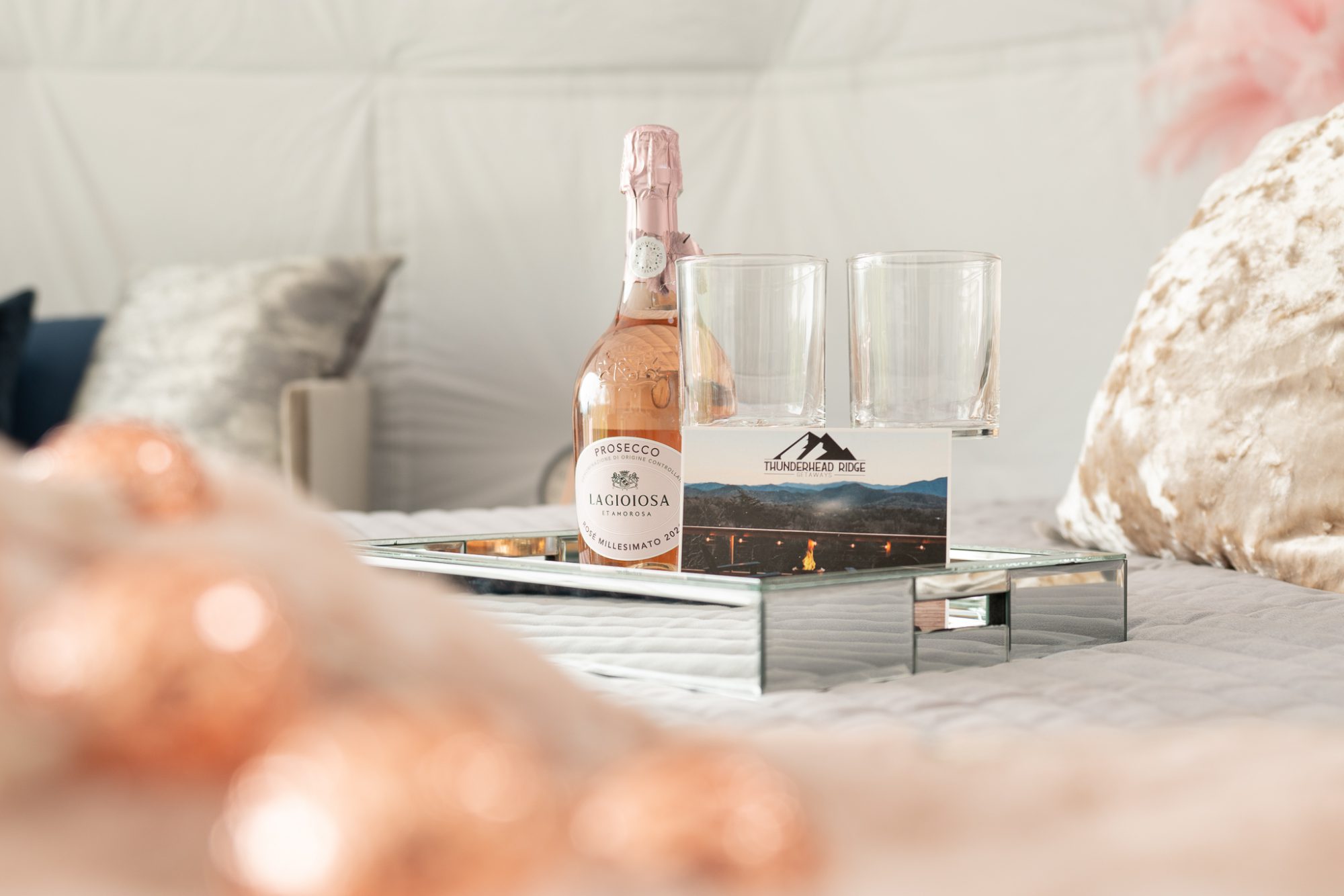 welcome to thunderhead ridge getaways tray with champagne
